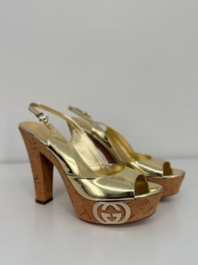 GUCCI Metallic Gold Cork Platform Slingback Heels- Size 6.5